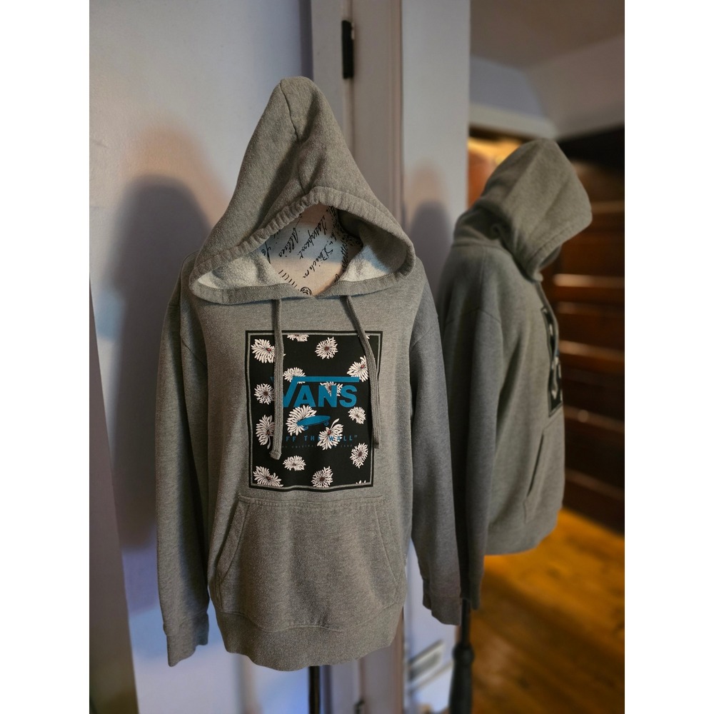 Vans Off The Wall Hoodie Mens Large‎ Heather Gray Floral Logo Graphic Pullover